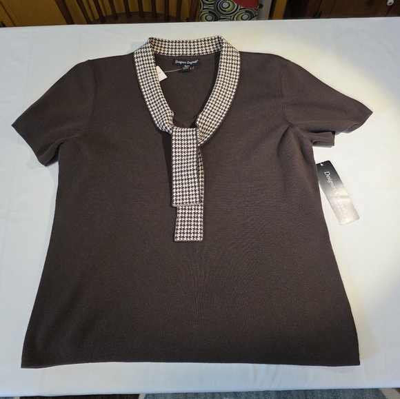 Designers Originals Chocolate Brown Sweater with Houndstooth Collar NWT PXL - Picture 5 of 11